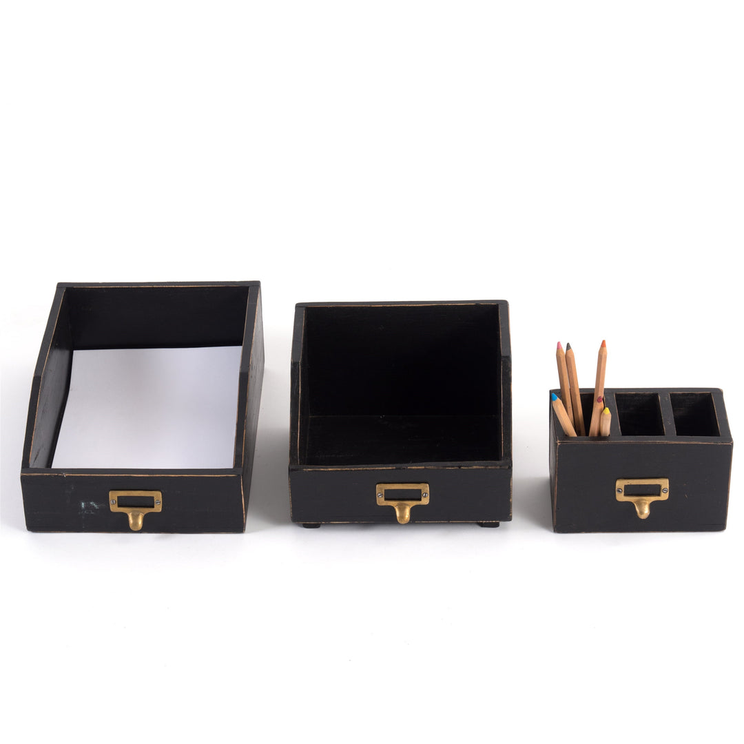 Schreibtisch Organizer Set | 3-teilig aus Mahagoniholz mit Stiftehalter, Bücherbox und Dokumentenablage