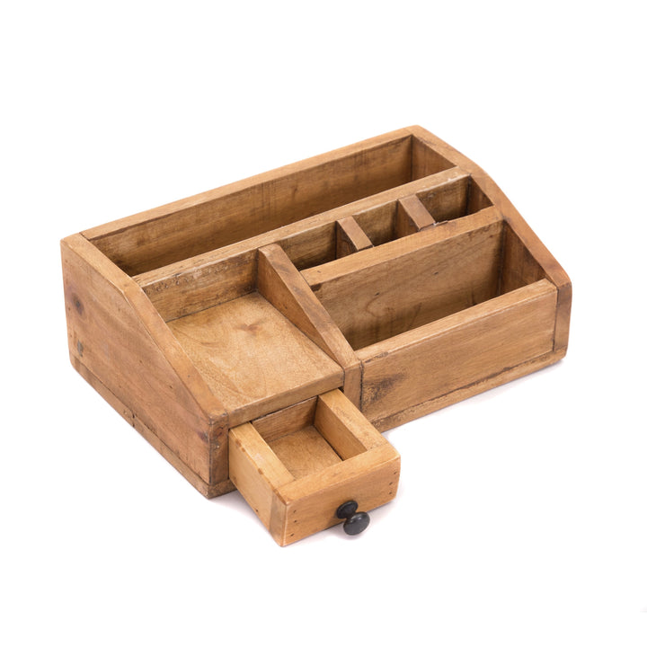 Schreibtisch Organizer | Stiftebox aus Massivholz mit mehreren Fächern und praktischer Schublade
