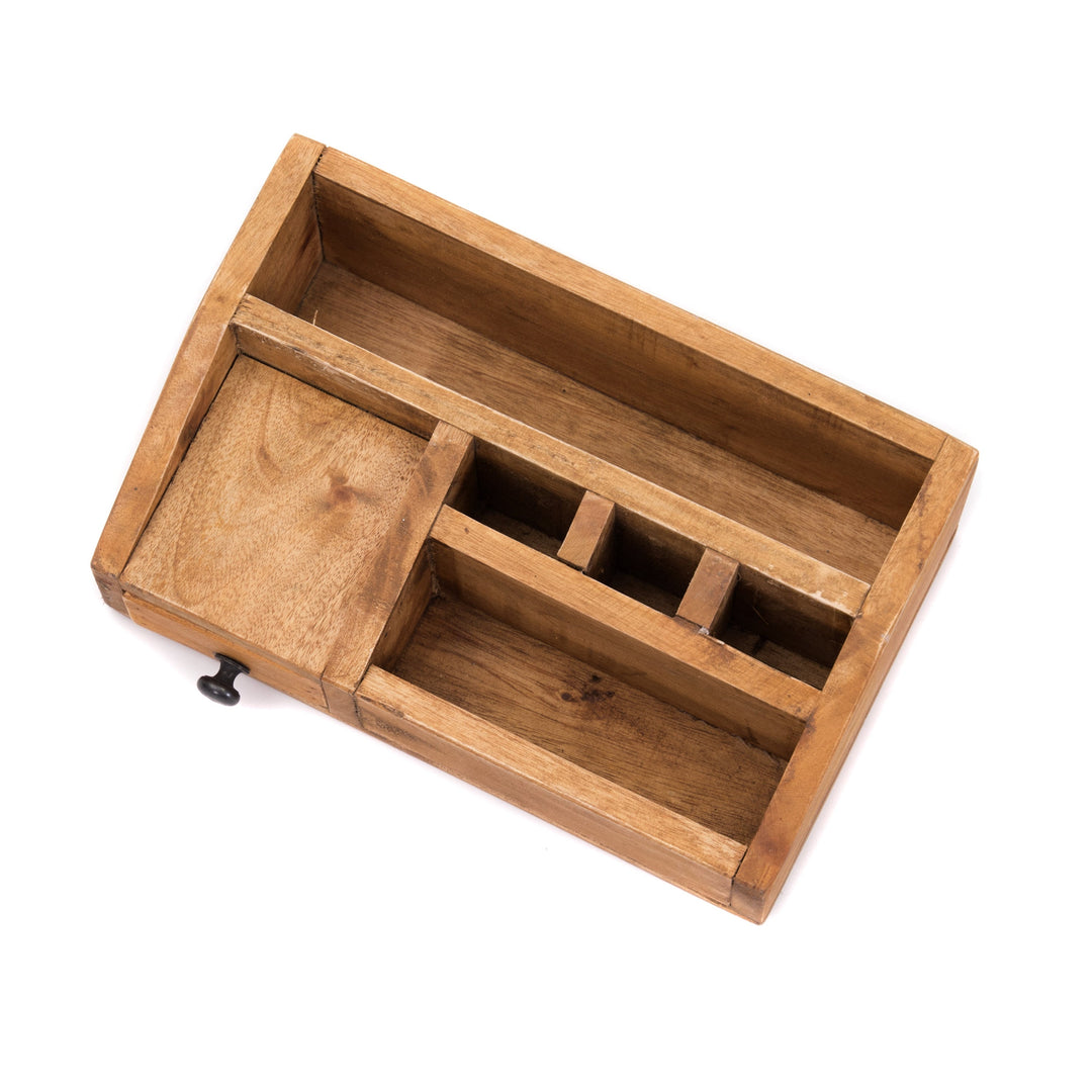 Schreibtisch Organizer | Stiftebox aus Massivholz mit mehreren Fächern und praktischer Schublade