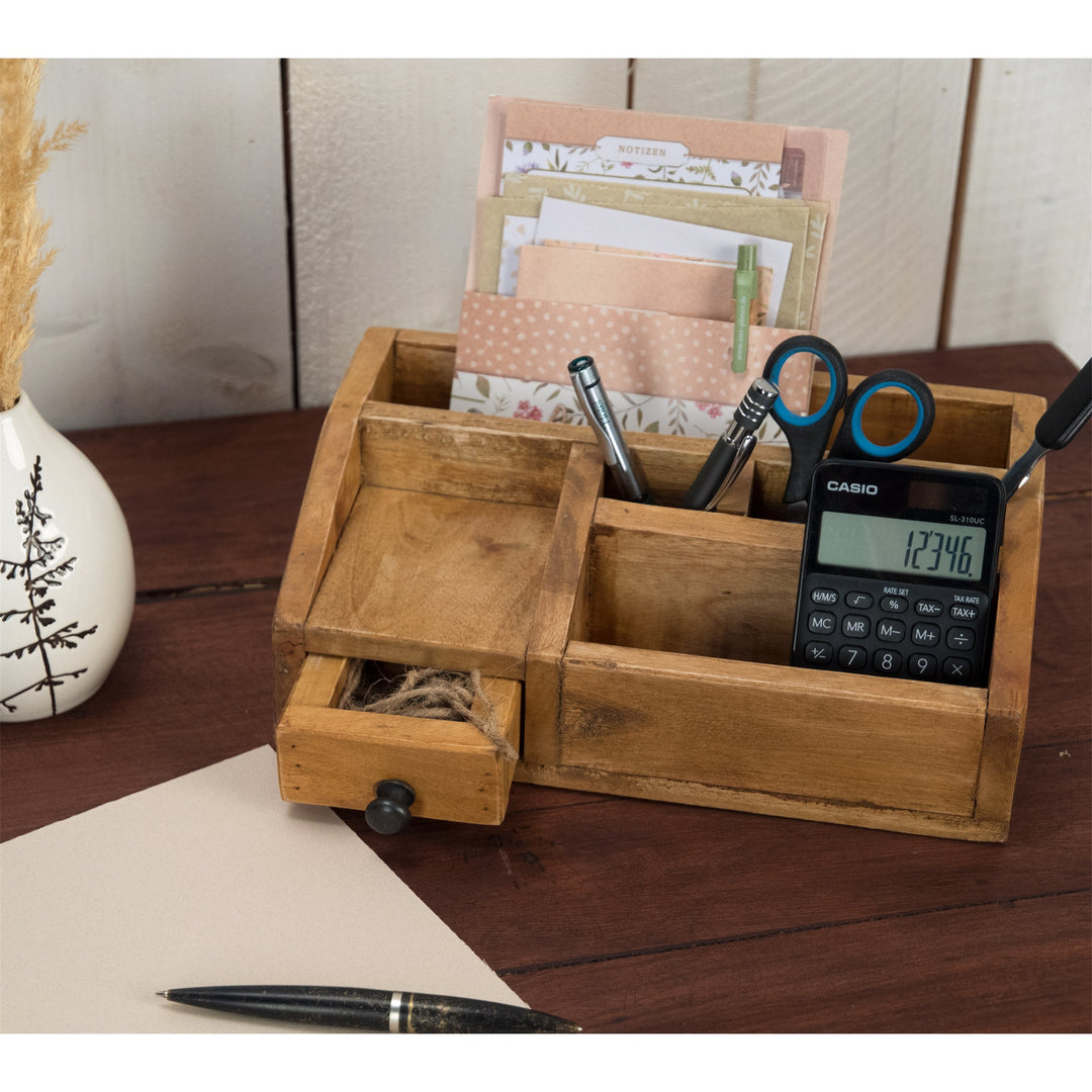 Schreibtisch Organizer | Stiftebox aus Massivholz mit mehreren Fächern und praktischer Schublade