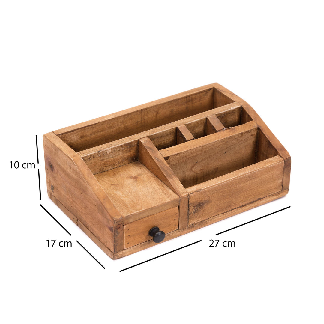 Schreibtisch Organizer | Stiftebox aus Massivholz mit mehreren Fächern und praktischer Schublade