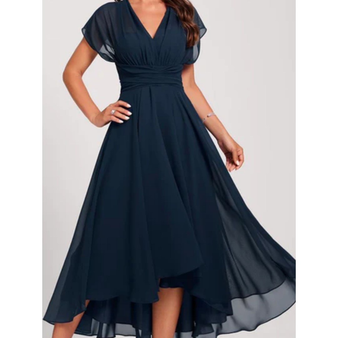 Damen Midi-Kleid mit V-Ausschnitt &amp; ausgestelltem Rock | Formell &amp; elegant | Fließender Fall für Hochzeit, Business &amp; Abend