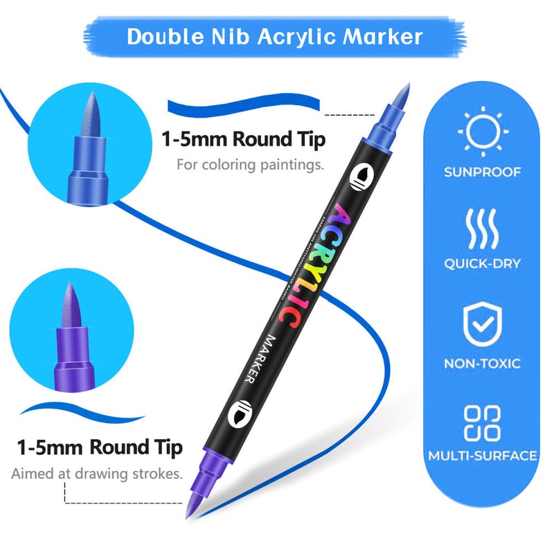 Acrylmarker Set mit Dual-Tip für kreative Projekte | Wasserbasiert, geruchslos &amp; wasserfest | 24–120 Farben