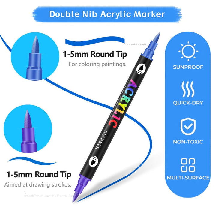 Acrylmarker Set mit Dual-Tip für kreative Projekte | Wasserbasiert, geruchslos &amp; wasserfest | 24–120 Farben