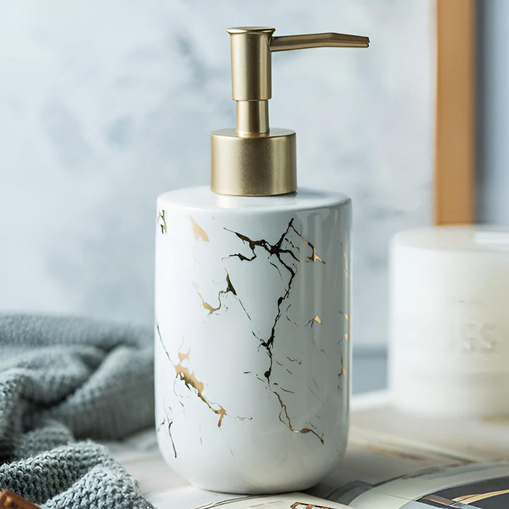 Distributeur de savon de luxe en céramique | Aspect marbre &amp; accents dorés | 400 ml, élégant pour salle de bain &amp; cuisine