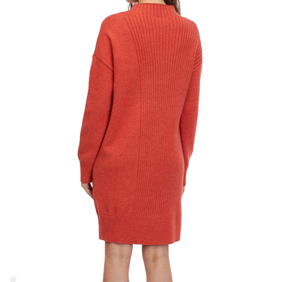 Damen Strickkleid Rot mit Stehkragen | Gerader Schnitt mit Rippstrickmuster, überschnittenen Schultern und breiten Bündchen