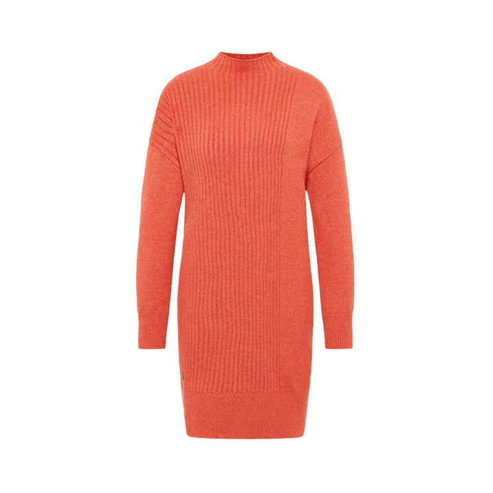 Damen Strickkleid Rot mit Stehkragen | Gerader Schnitt mit Rippstrickmuster, überschnittenen Schultern und breiten Bündchen