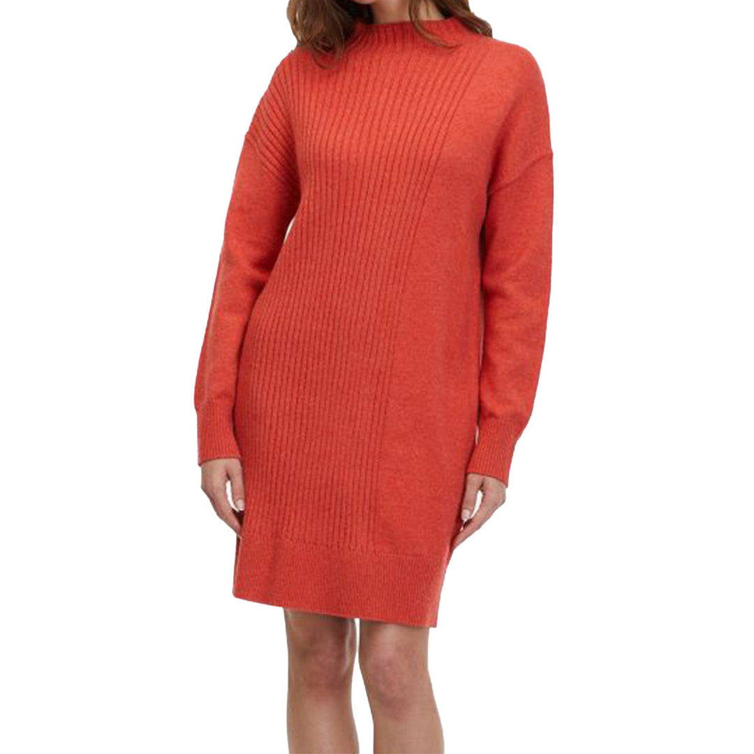 Damen Strickkleid Rot mit Stehkragen | Gerader Schnitt mit Rippstrickmuster, überschnittenen Schultern und breiten Bündchen
