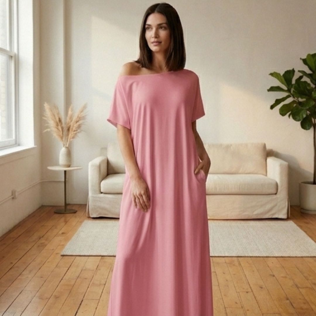 Off-shoulder maxi dress with pockets | Loose and airy | Summer dress with wide neckline S–2XL