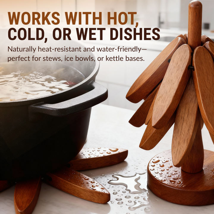 Wooden trivet set 3 + holder | Heat- &amp; water-resistant hardwood 18x18 cm | Stackable in light/dark brown