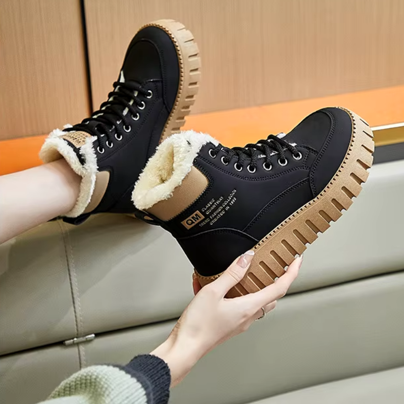 Damen Winterstiefel mit dickem Fellfutter | Warme Schnürstiefel mit rutschfester Profilsohle in Schwarz und Khaki für kalte Tage