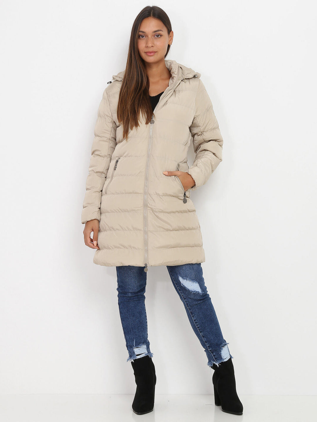 Damen Daunen Winterjacke mit Kapuze | Langer Schnitt mit durchgehendem Reißverschluss für vielseitige Winterlooks