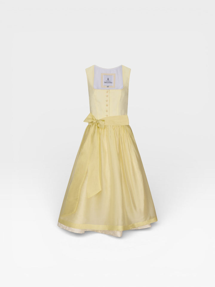 Dirndl Midi Damen | 70 cm Rocklänge | Elegantes Mieder mit Knopfleiste &amp; glänzender Schürze | Für Oktoberfest &amp; Volksfeste