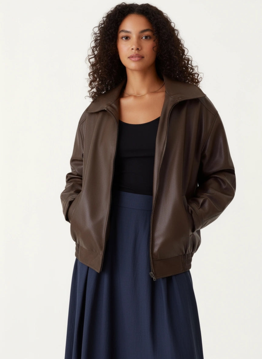 Damen Oversize Lederjacke im Vintage-Stil | Lässige Jacke mit überschnittenen Schultern und weicher Innenseite für Alltag