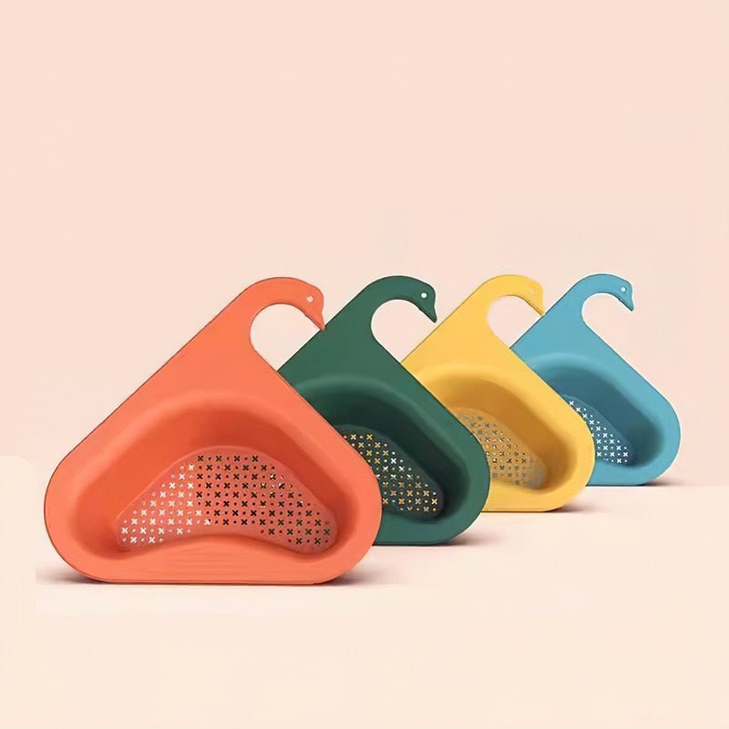 Filtre d’évier d’angle avec crochet lot de 2 | Design cygne, gain de place | Pour déchets de cuisine, égouttoir et porte-éponge