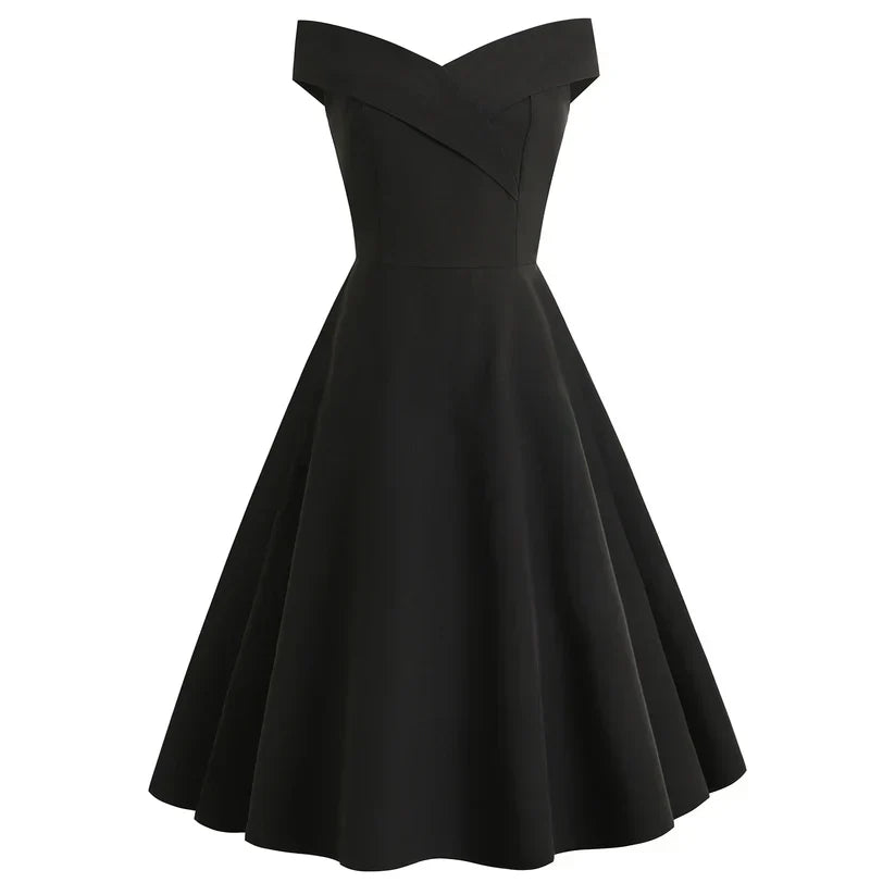 Damen Off-Shoulder Vintage A-Linien Midikleid | Schulterfrei, figurumspielend | Eleganter Retro-Look | Für Hochzeit &amp; Events