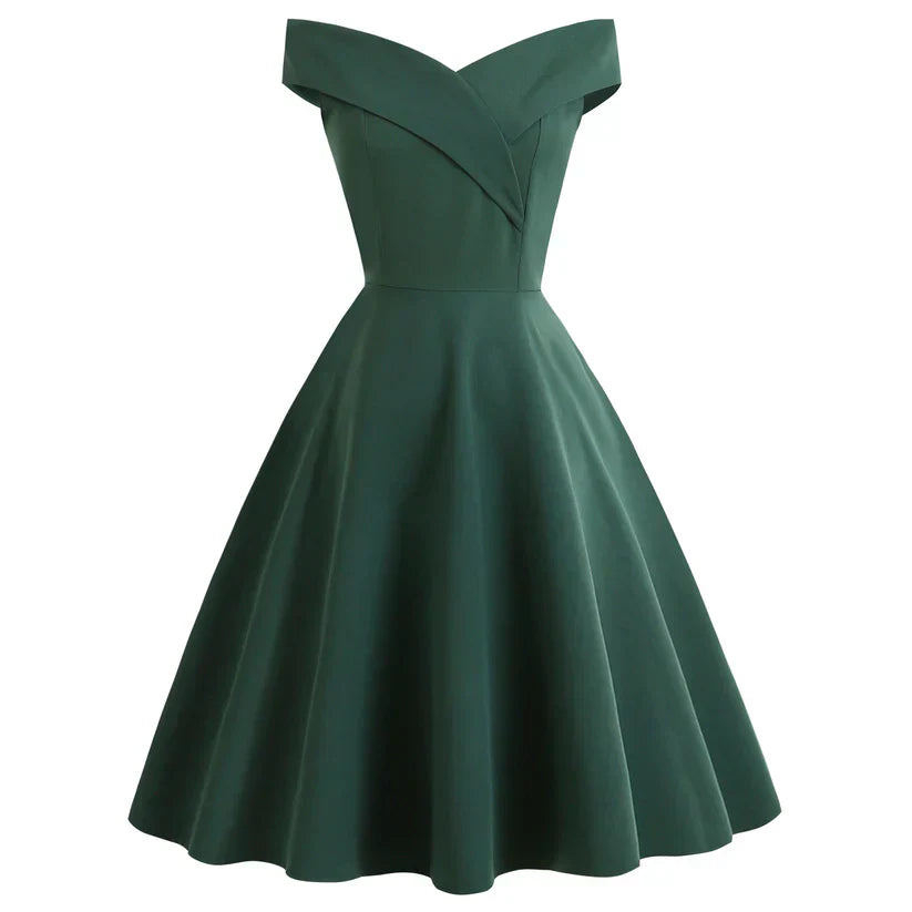 Damen Off-Shoulder Vintage A-Linien Midikleid | Schulterfrei, figurumspielend | Eleganter Retro-Look | Für Hochzeit &amp; Events