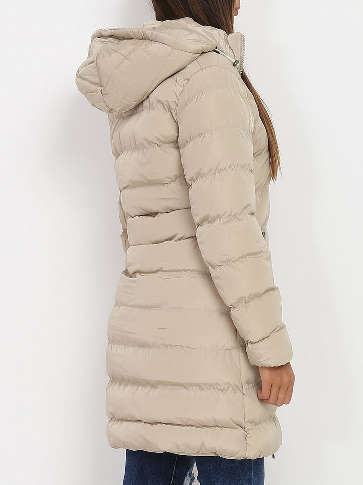 Damen Daunen Winterjacke mit Kapuze | Langer Schnitt mit durchgehendem Reißverschluss für vielseitige Winterlooks