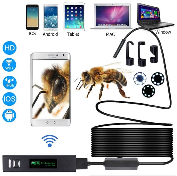 Endoskopkamera 3-in-1 für Handy &amp; PC | 7 mm Sonde, IP67 wasserdicht | 6 LED-Lichter dimmbar | 720p HD | Kabel 1–10 m