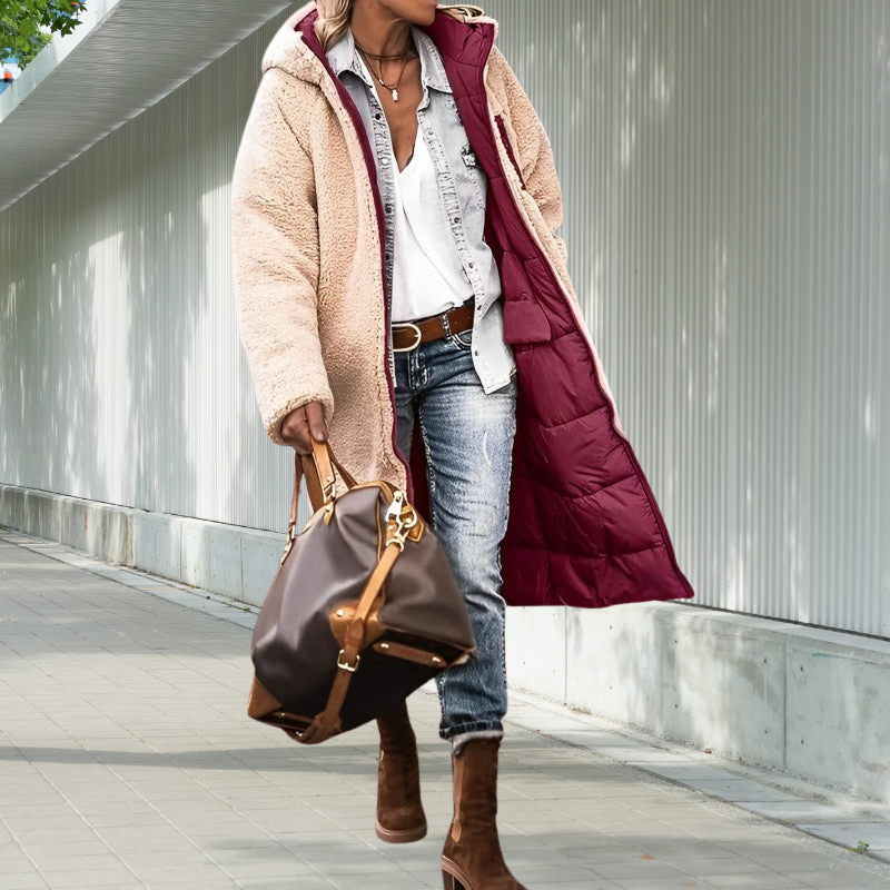 Damen Winterjacke lang mit Kapuze | Wattierte lange Jacke mit Reißverschluss und Seitentaschen für Alltag und kalte Tage