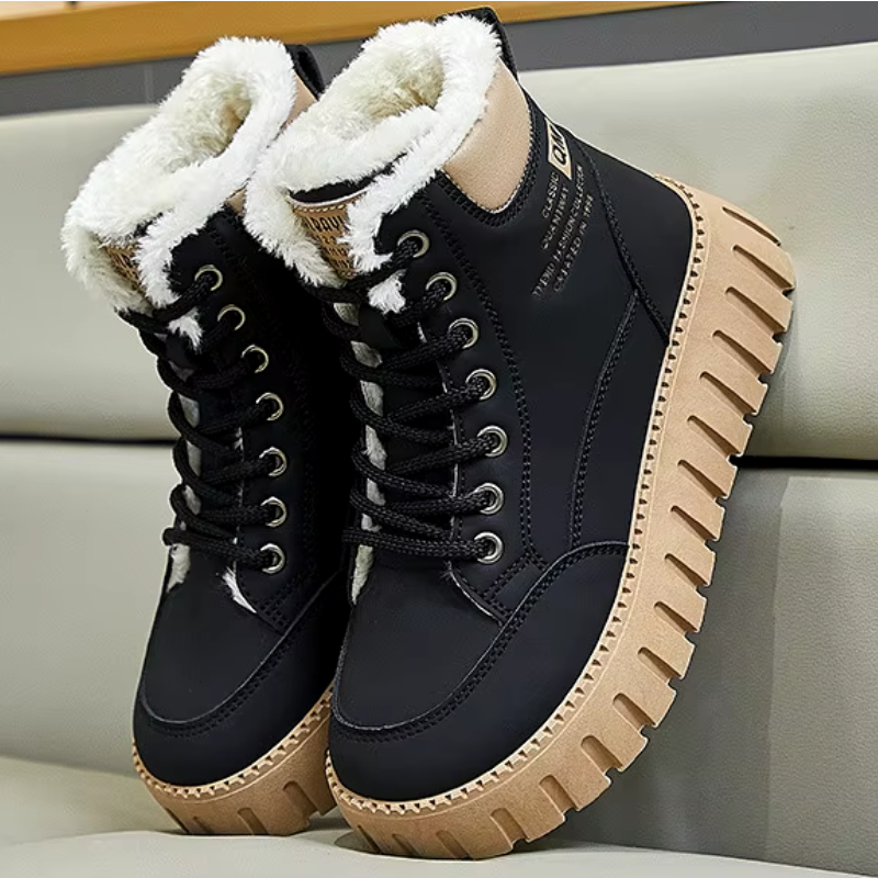 Damen Winterstiefel mit dickem Fellfutter | Warme Schnürstiefel mit rutschfester Profilsohle in Schwarz und Khaki für kalte Tage