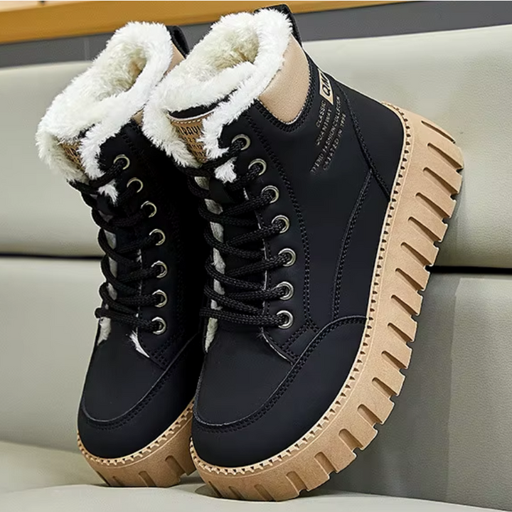 Damen Winterstiefel mit dickem Fellfutter | Warme Schnürstiefel mit rutschfester Profilsohle in Schwarz und Khaki für kalte Tage