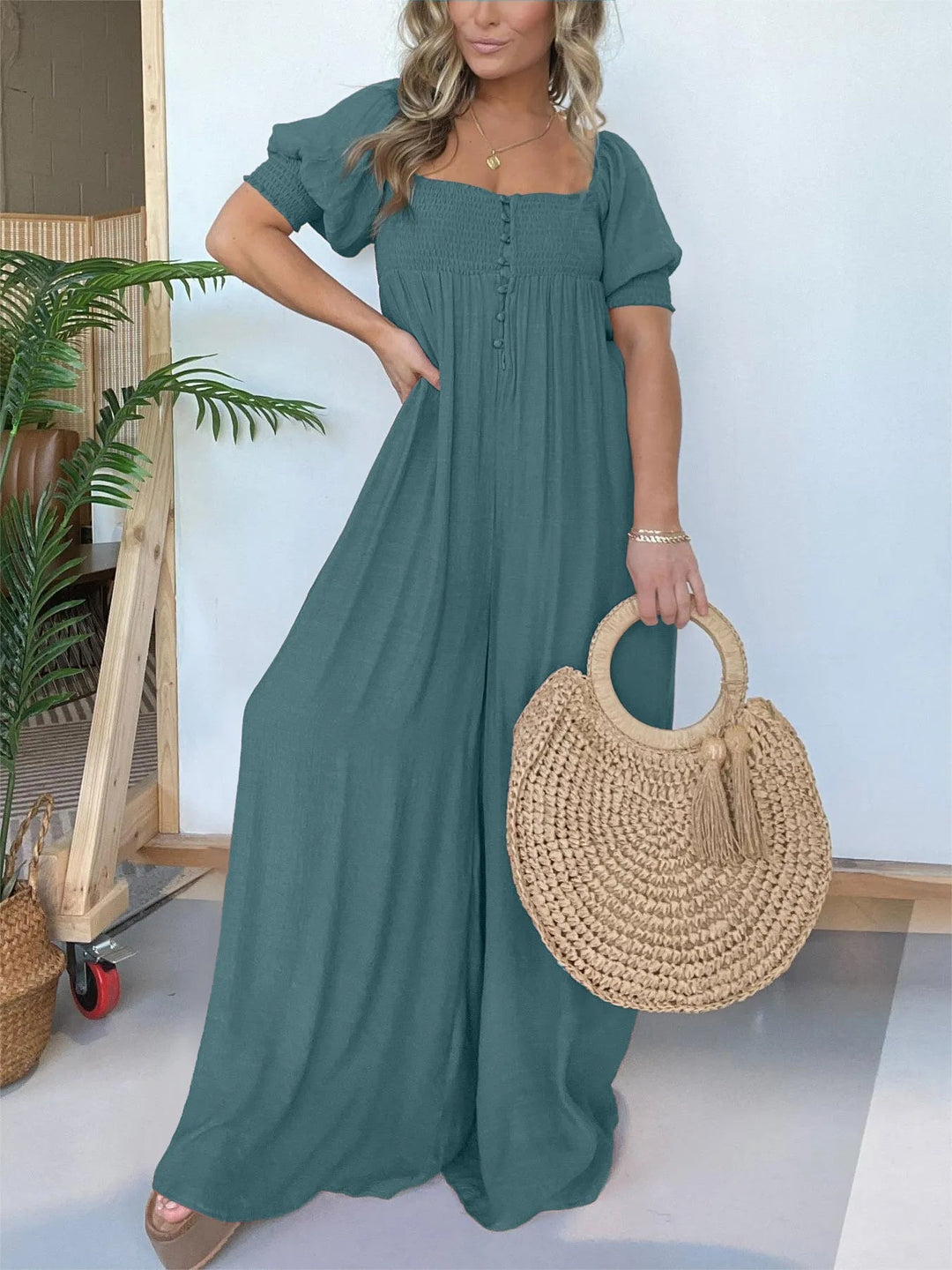 Damen Jumpsuit mit quadratischem Ausschnitt | gesmocktes Oberteil &amp; Taschen | locker-lässig, Coco-Muster | ideal für Sommer &amp; Urlaub