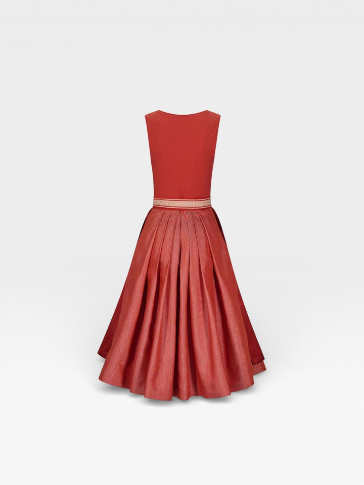 Dirndl Midi Damen | Elegantes Dirndl mit 70 cm Rocklänge, schimmernder Schürze und gewebtem Schürzenband