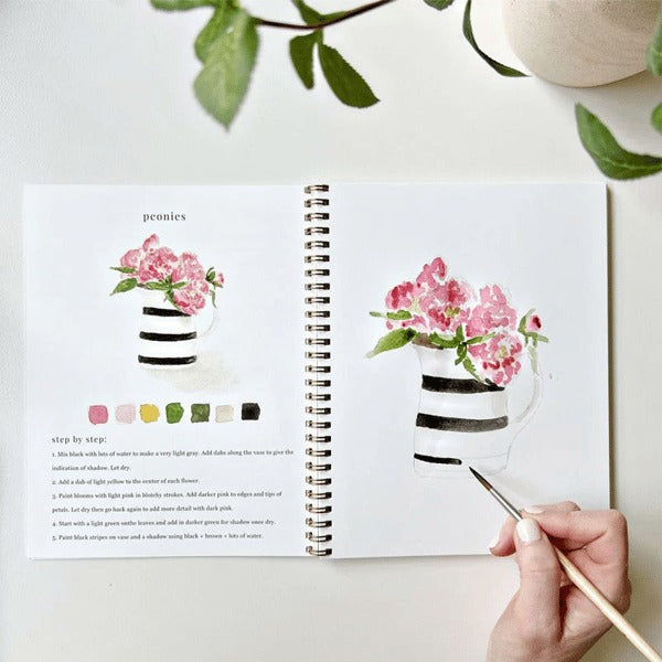 Cahier de travail aquarelle pour débutants | 12 motifs avec guide étape par étape | Papier 120 lb, 6,5"×9", mélange et peinture