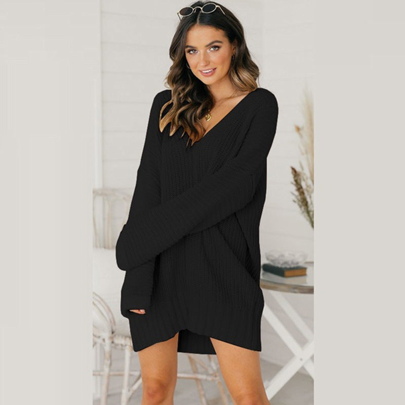 Damen Pulloverkleid aus Wolle mit V-Ausschnitt | Grobstrick Strickkleid mit Strukturmuster und lässigem Schnitt für Alltag