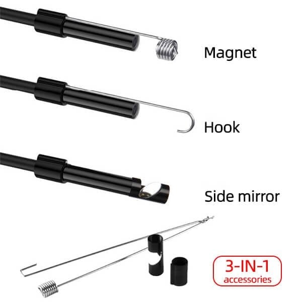 Endoskopkamera 3-in-1 für Handy &amp; PC | 7 mm Sonde, IP67 wasserdicht | 6 LED-Lichter dimmbar | 720p HD | Kabel 1–10 m