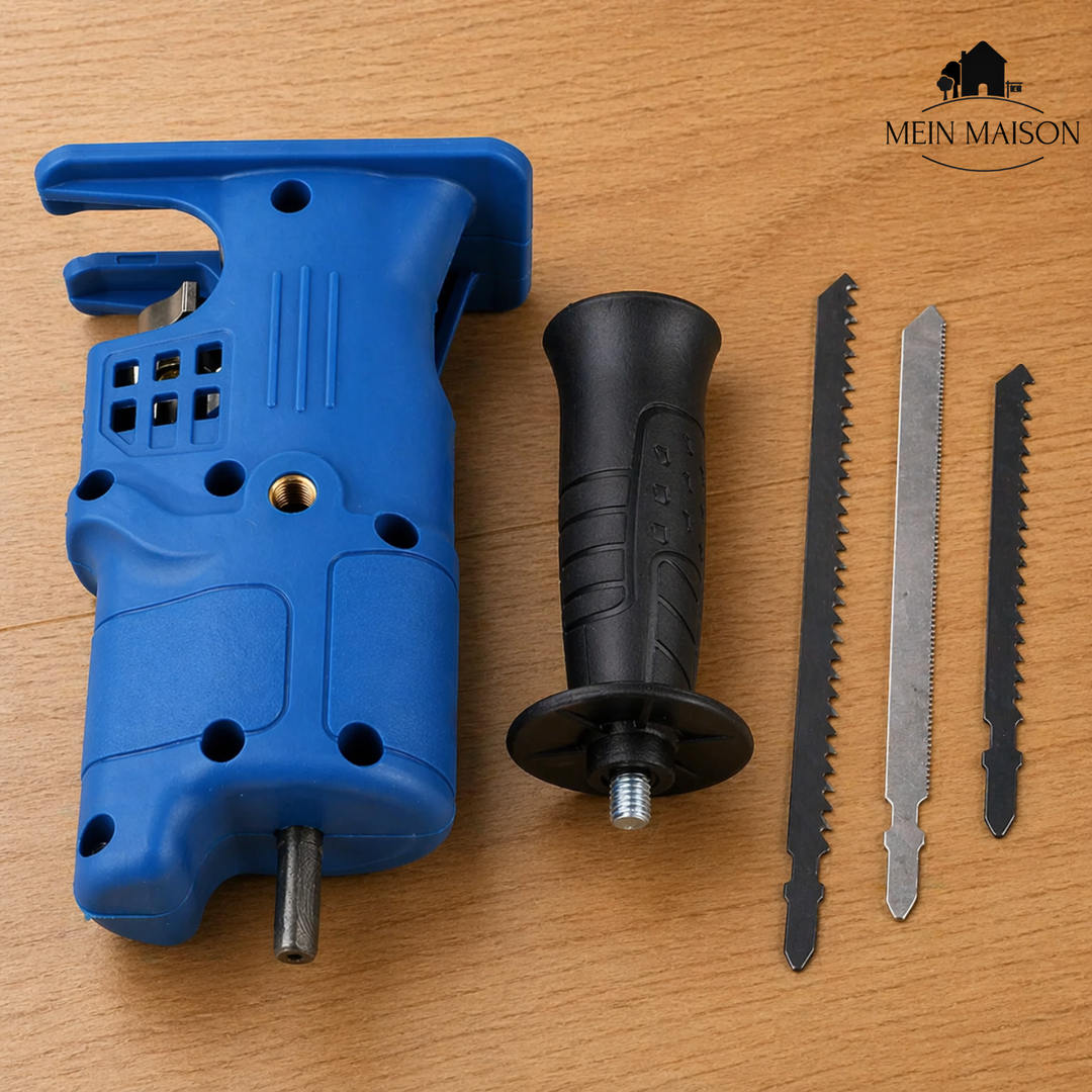 Drill saw adapter with handle | For cutting wood &amp; metal | 3 saw blade set, quick assembly, precise cuts