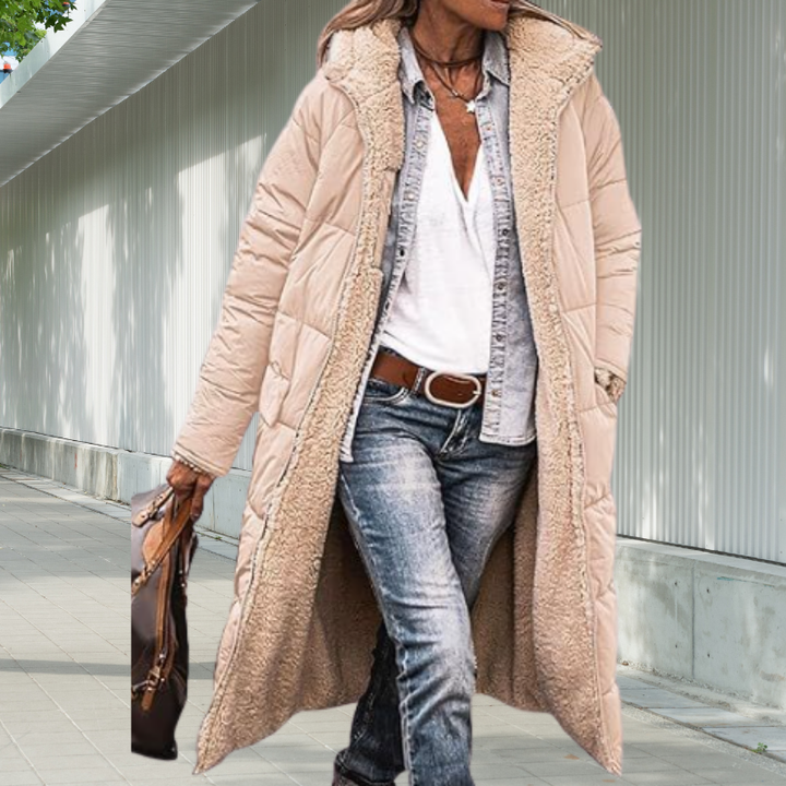 Damen Winterjacke lang mit Kapuze | Wattierte lange Jacke mit Reißverschluss und Seitentaschen für Alltag und kalte Tage