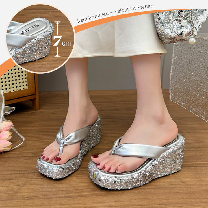 Damen Flip-Flops mit dicker Sohle | Glitzernde Zehentrenner mit Pailletten | Bequeme Sommer-Sandalen