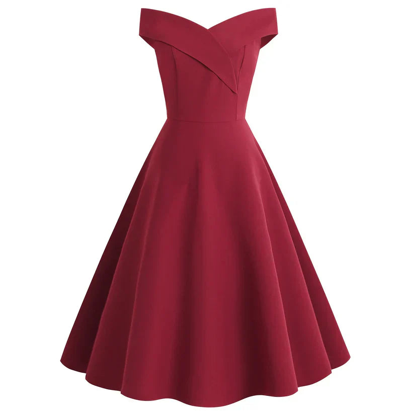 Damen Off-Shoulder Vintage A-Linien Midikleid | Schulterfrei, figurumspielend | Eleganter Retro-Look | Für Hochzeit &amp; Events