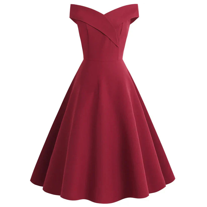 Damen Off-Shoulder Vintage A-Linien Midikleid | Schulterfrei, figurumspielend | Eleganter Retro-Look | Für Hochzeit &amp; Events
