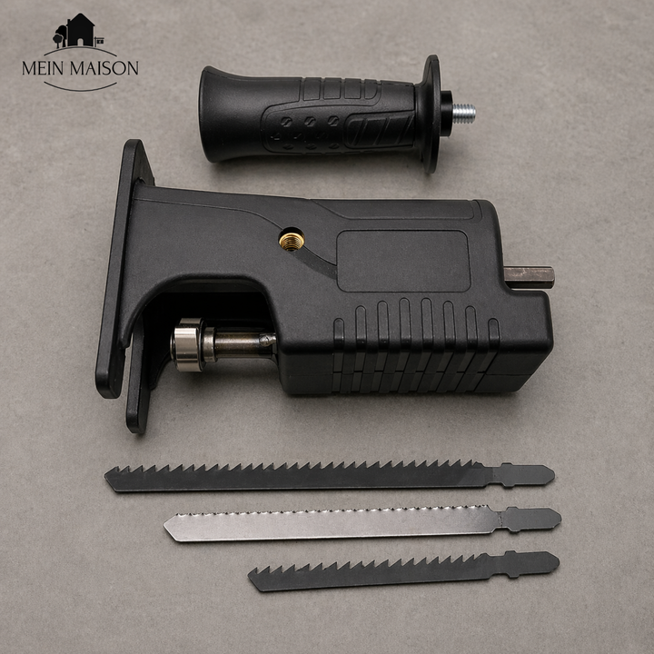 Drill saw adapter with handle | For cutting wood &amp; metal | 3 saw blade set, quick assembly, precise cuts
