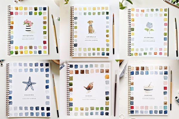 Cahier de travail aquarelle pour débutants | 12 motifs avec guide étape par étape | Papier 120 lb, 6,5"×9", mélange et peinture