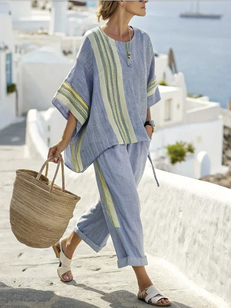 Damen 2-teiliges Sommer Set mit Fledermausärmeln | Lockeres Shirt &amp; Gerade Hose | Lässiger Freizeit Look