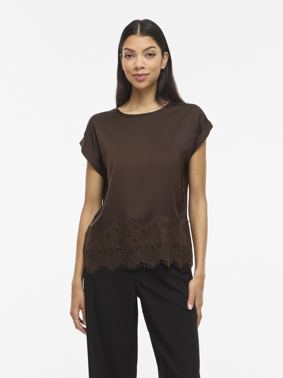 Damen Bluse | Kurzarmbluse mit Rundhalsausschnitt, Spitzensaum und weich fallender Optik