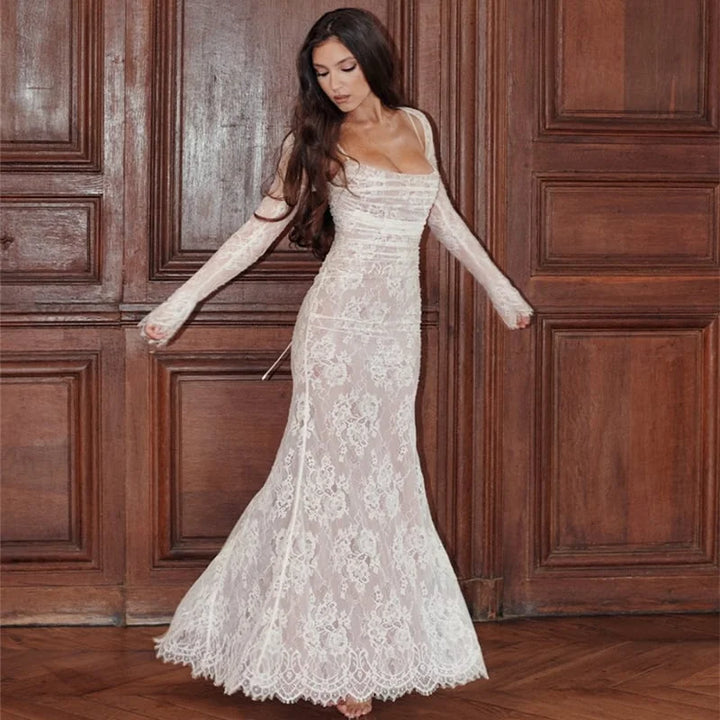 Spitzenkleid mit Cape-Ärmeln &amp; Korsett-Optik | Café-au-Lait Mesh-Futter | Bodenlang für Hochzeit, Empfang &amp; Gala