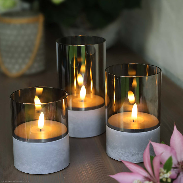 LED Kerzen Betonoptik 3er Set für außen | Warmweiß mit Flackereffekt und Timer | Ø 8 cm, batteriebetrieben und wetterbeständig