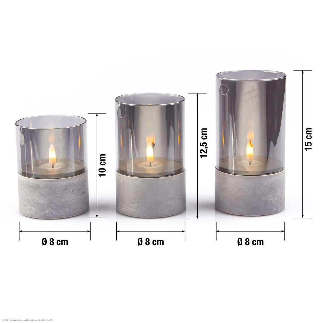 LED Kerzen Betonoptik 3er Set für außen | Warmweiß mit Flackereffekt und Timer | Ø 8 cm, batteriebetrieben und wetterbeständig