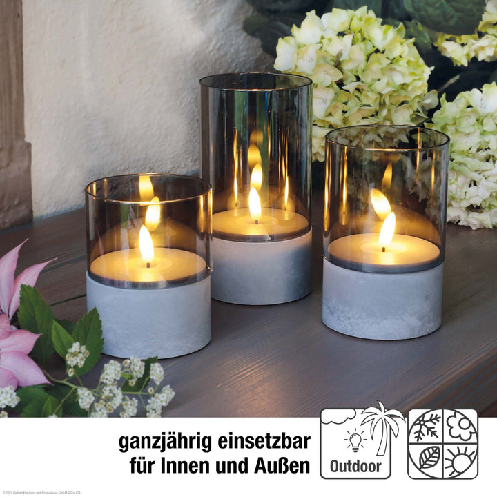 LED Kerzen Betonoptik 3er Set für außen | Warmweiß mit Flackereffekt und Timer | Ø 8 cm, batteriebetrieben und wetterbeständig