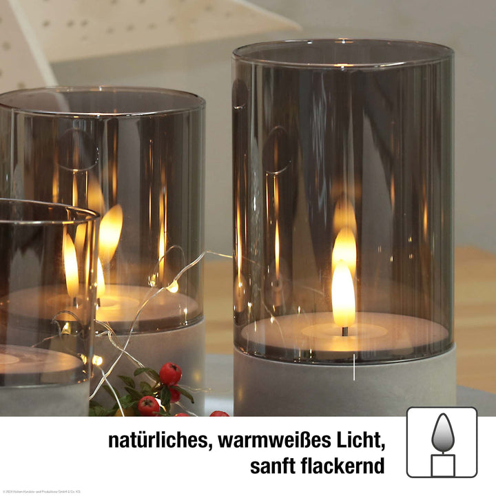 LED Kerzen Betonoptik 3er Set für außen | Warmweiß mit Flackereffekt und Timer | Ø 8 cm, batteriebetrieben und wetterbeständig