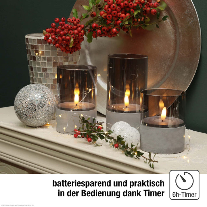 LED Kerzen Betonoptik 3er Set für außen | Warmweiß mit Flackereffekt und Timer | Ø 8 cm, batteriebetrieben und wetterbeständig