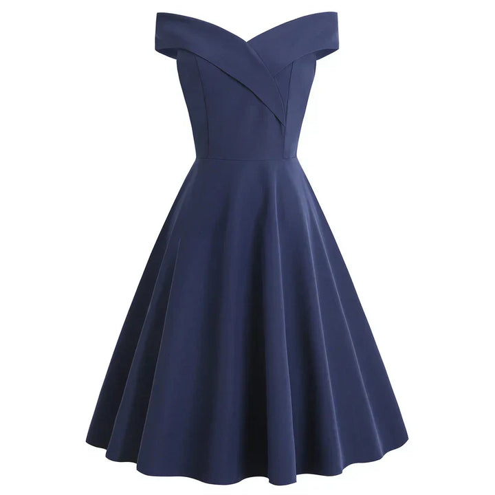Damen Off-Shoulder Vintage A-Linien Midikleid | Schulterfrei, figurumspielend | Eleganter Retro-Look | Für Hochzeit &amp; Events