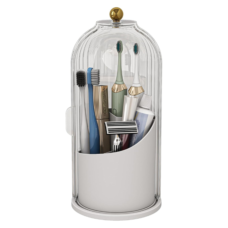 360° Drehbarer Bad Organizer mit Staubschutzdeckel | Kosmetik- &amp; Zahnbürstenhalter mit 3 Fächern | Badezimmer Aufbewahrung 27 × 13 × 27 cm