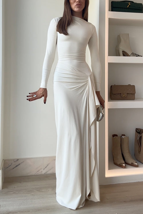 Maxikleid | Langarm mit Drapierung, Beinschlitz und eleganter Passform für Partys &amp; besondere Anlässe