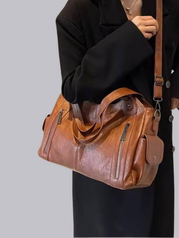 Damen Schultertasche | Große Umhängetasche aus veganem Kunstleder mit Reißverschluss und Laptopfach